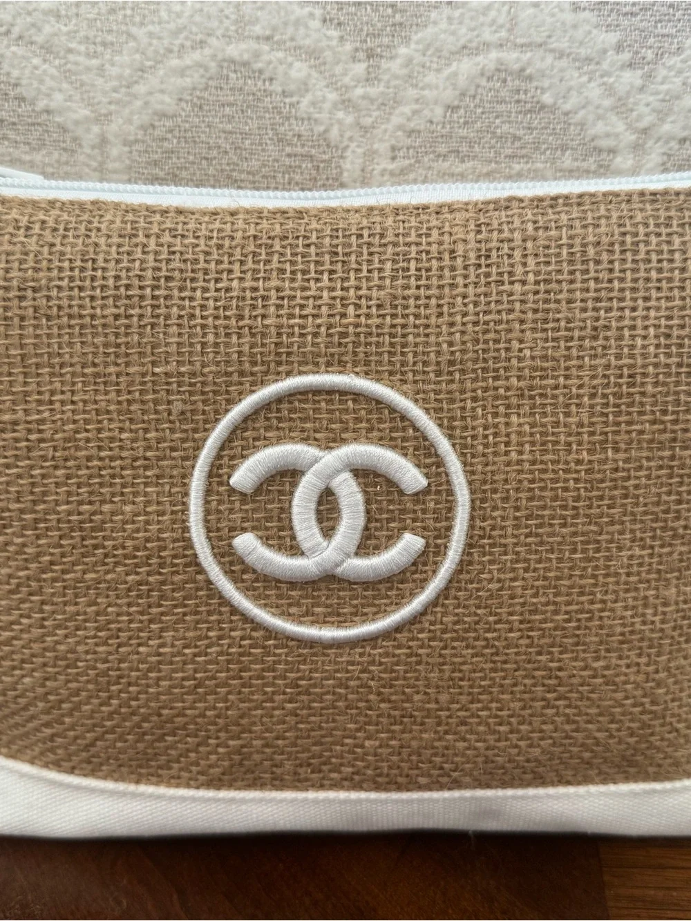 CHANEL Beige and White Canvas Cosmetic Pouch with CC Logo and detachable CC